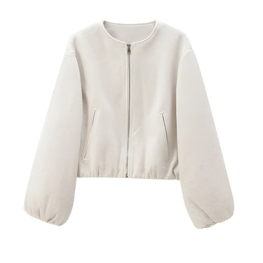 Cropped Zip Front Bomber Jacket with Balloon Sleeves