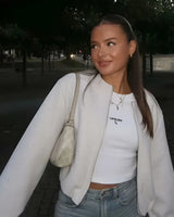 Cropped Zip Front Bomber Jacket with Balloon Sleeves