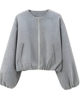 Cropped Zip Front Bomber Jacket with Balloon Sleeves