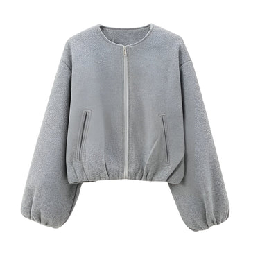 Cropped Zip Front Bomber Jacket with Balloon Sleeves