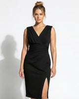Crossover V Neck Midi Dress with Pleated Waist and Side Slit