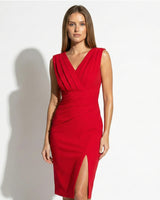 Crossover V Neck Midi Dress with Pleated Waist and Side Slit