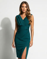 Crossover V Neck Midi Dress with Pleated Waist and Side Slit