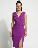 Crossover V Neck Midi Dress with Pleated Waist and Side Slit