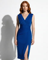 Crossover V Neck Midi Dress with Pleated Waist and Side Slit