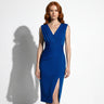 Crossover V Neck Midi Dress with Pleated Waist and Side Slit