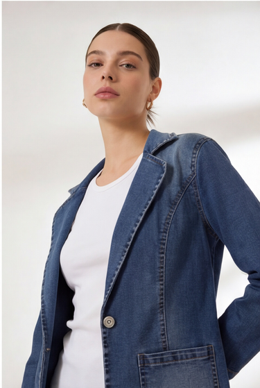 Denim Blazer with Button Closure