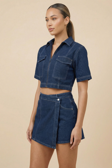 Denim Co-Ord Set with Zip-Up Crop Top