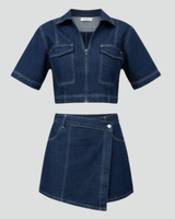 Denim Co-Ord Set with Zip-Up Crop Top