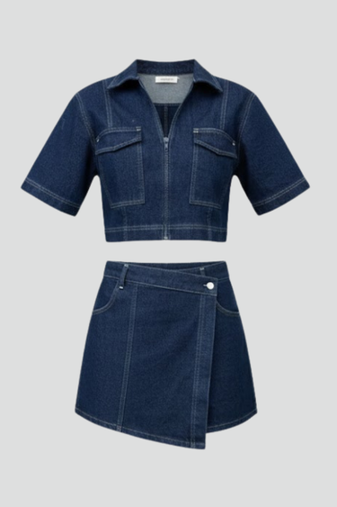 Denim Co-Ord Set with Zip-Up Crop Top