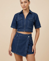 Denim Co-Ord Set with Zip-Up Crop Top