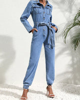 Denim Jumpsuit with Belt and Button Front