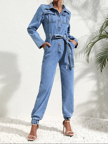 Denim Jumpsuit with Belt and Button Front