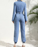 Denim Jumpsuit with Belt and Button Front