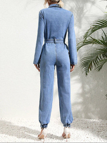 Denim Jumpsuit with Belt and Button Front