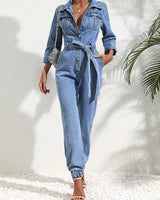 Denim Jumpsuit with Belt and Button Front