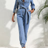 Denim Jumpsuit with Belt and Button Front