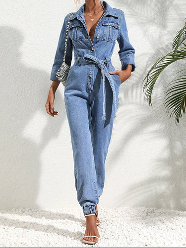 Denim Jumpsuit with Belt and Button Front