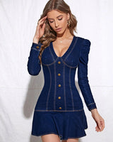 Denim Mini Dress with Deep V Neck