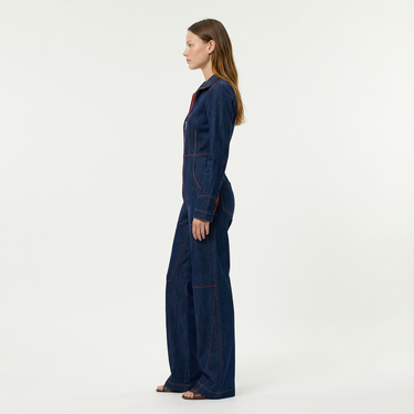 Denim Wide-Leg Jumpsuit with Zip Front