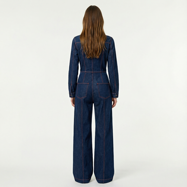 Denim Wide-Leg Jumpsuit with Zip Front