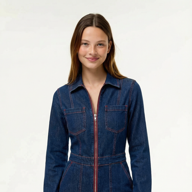 Denim Wide-Leg Jumpsuit with Zip Front