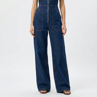 Denim Wide-Leg Jumpsuit with Zip Front