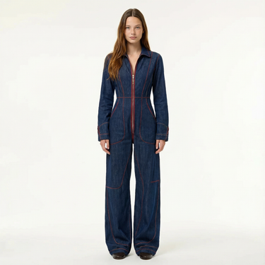 Denim Wide-Leg Jumpsuit with Zip Front