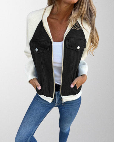 Denim Zip-Up Jacket with Contrast Sleeves