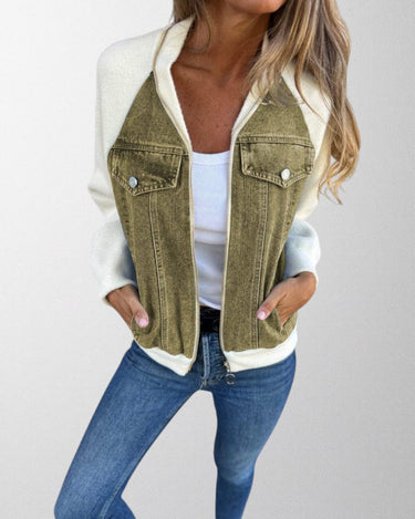 Denim Zip-Up Jacket with Contrast Sleeves