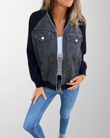 Denim Zip-Up Jacket with Contrast Sleeves