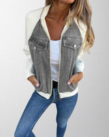Denim Zip-Up Jacket with Contrast Sleeves