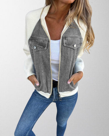 Denim Zip-Up Jacket with Contrast Sleeves