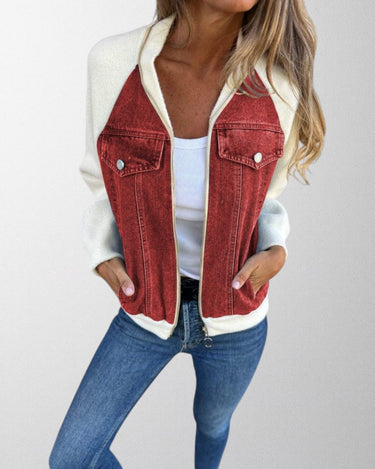 Denim Zip-Up Jacket with Contrast Sleeves