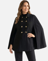 Front view of a sleeveless double-breasted cape coat with eight buttons in two rows