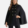 Front view of a sleeveless double-breasted cape coat with eight buttons in two rows