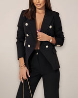 Double-Button Blazer and High-Waisted Straight-Leg Trousers Set