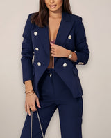 Double-Button Blazer and High-Waisted Straight-Leg Trousers Set