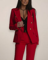 Double-Button Blazer and High-Waisted Straight-Leg Trousers Set