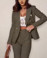 Double-Button Blazer and High-Waisted Straight-Leg Trousers Set