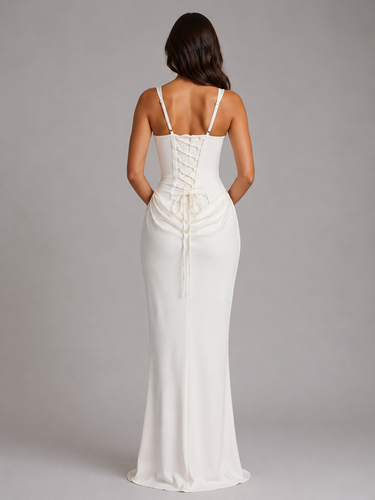 Close-up of the square neckline and structured bodice of the sleeveless maxi dress