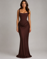 Front view of a sleeveless bodycon maxi dress with square neckline and draped waist detail