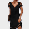 Front view of a sleeveless draped midi dress with fitted bodice