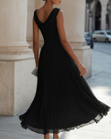Draped Neck Sleeveless Midi Dress with Pleated Skirt