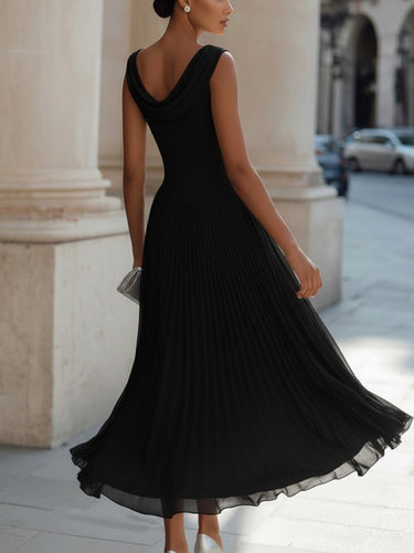 Draped Neck Sleeveless Midi Dress with Pleated Skirt