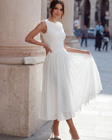 Draped Neck Sleeveless Midi Dress with Pleated Skirt