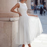 Draped Neck Sleeveless Midi Dress with Pleated Skirt