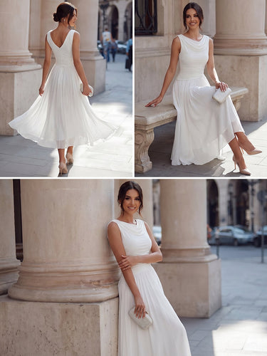 Draped Neck Sleeveless Midi Dress with Pleated Skirt