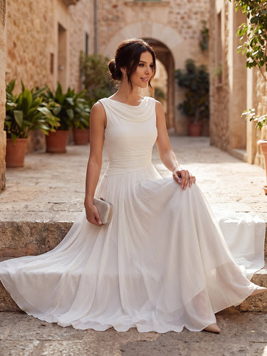 Draped Neck Sleeveless Midi Dress with Pleated Skirt