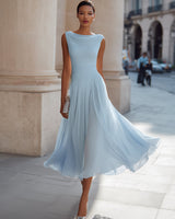 Draped Neck Sleeveless Midi Dress with Pleated Skirt
